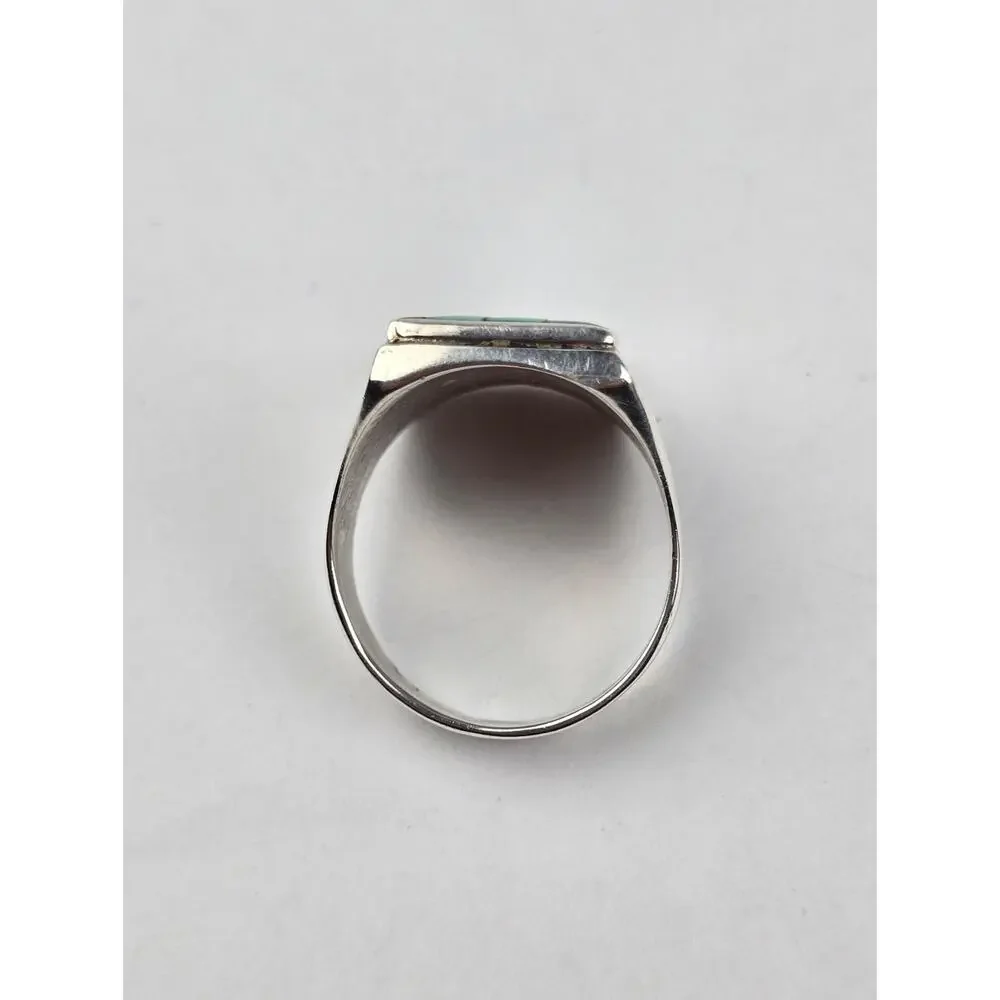Zuni Bowannie Men's Sterling Inlay Signet Ring size 11 Turquoise Coral Shell